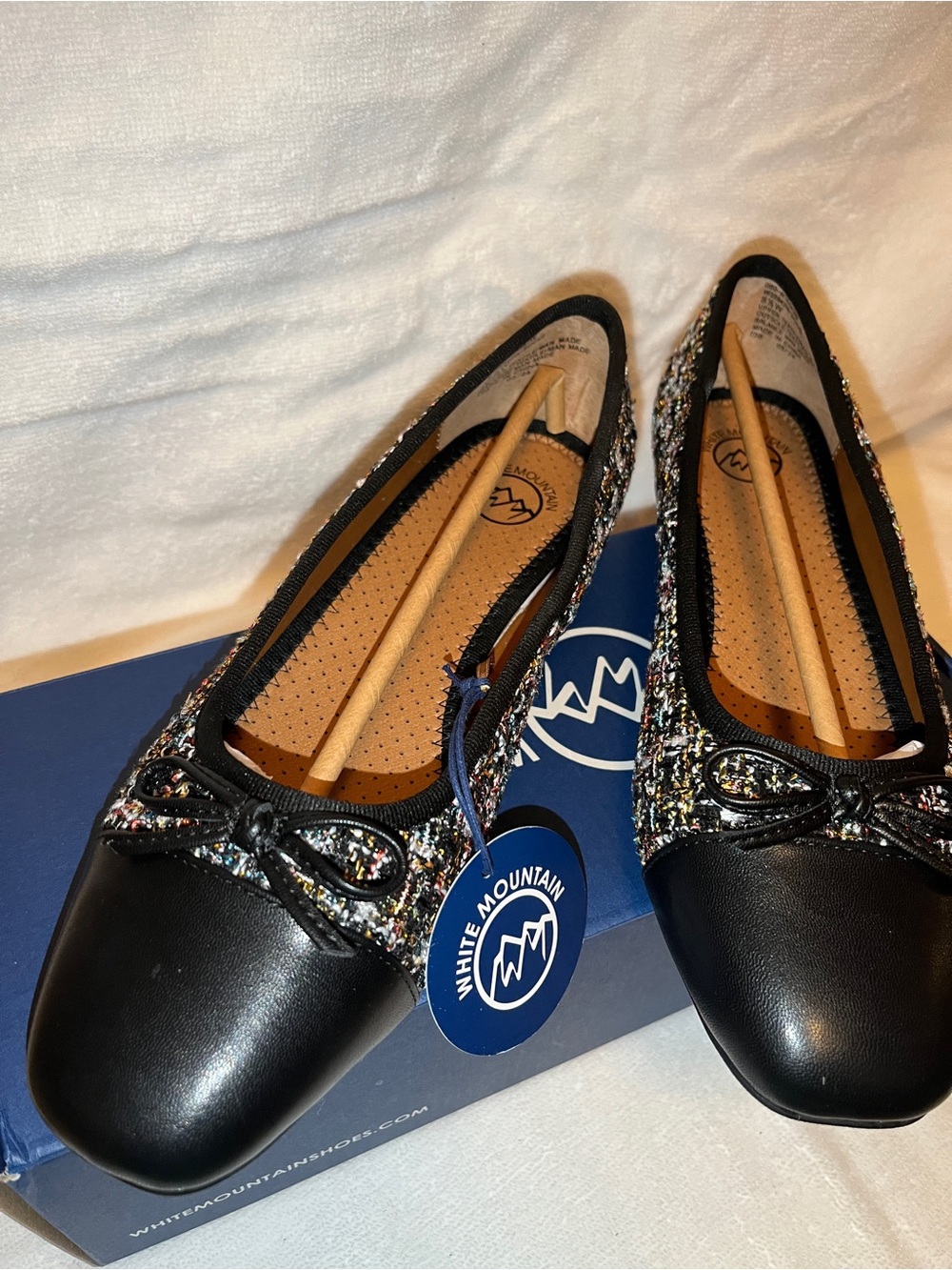 NWT- White Mountain Black Tweed Shimmer Cap-Toe Ballet Flats with Bow - 8.5W
